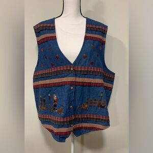 Bobbie Brooks Denim Embroidered Fall Pumpkin Scarecrows Vest Vintage SZ 22w/24w